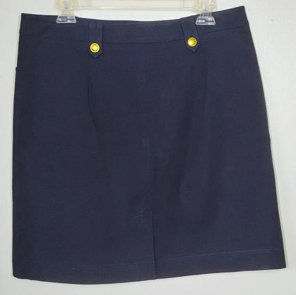 J McLaughlin Nautical Preppy Navy Blue Mini Pencil Skirt Compass Buttons Size 12 - Picture 2 of 12